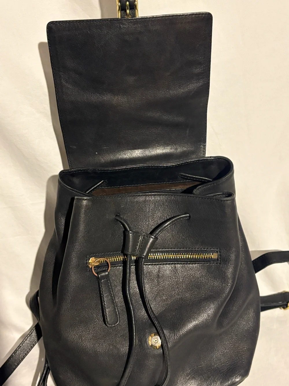 Y2K Coach Black Leather Backpack Drawstring Brass Hardware